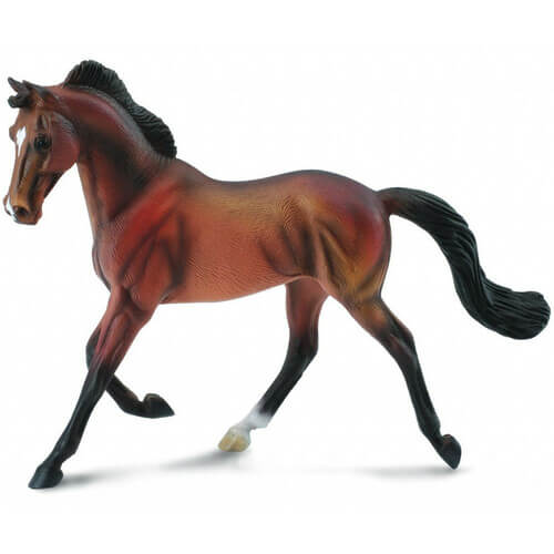 A Collecta Bay Thoroughbred Mare toy horse with a detailed coat and tail, posed in a dynamic running stance.
