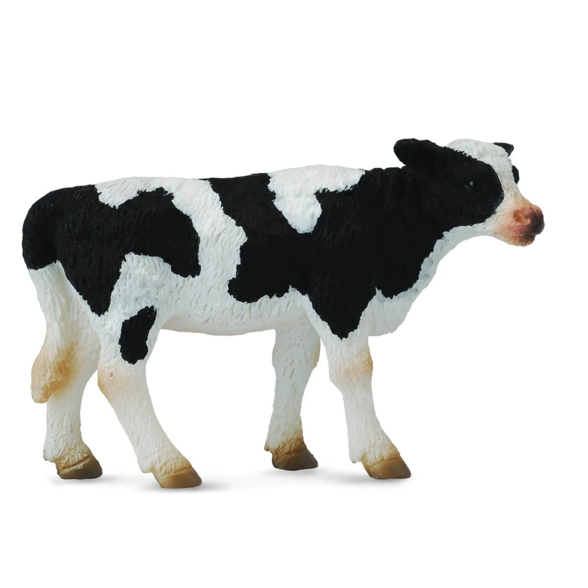 Collecta Fresian Calf Standing. Black and white cow figurine on a white background