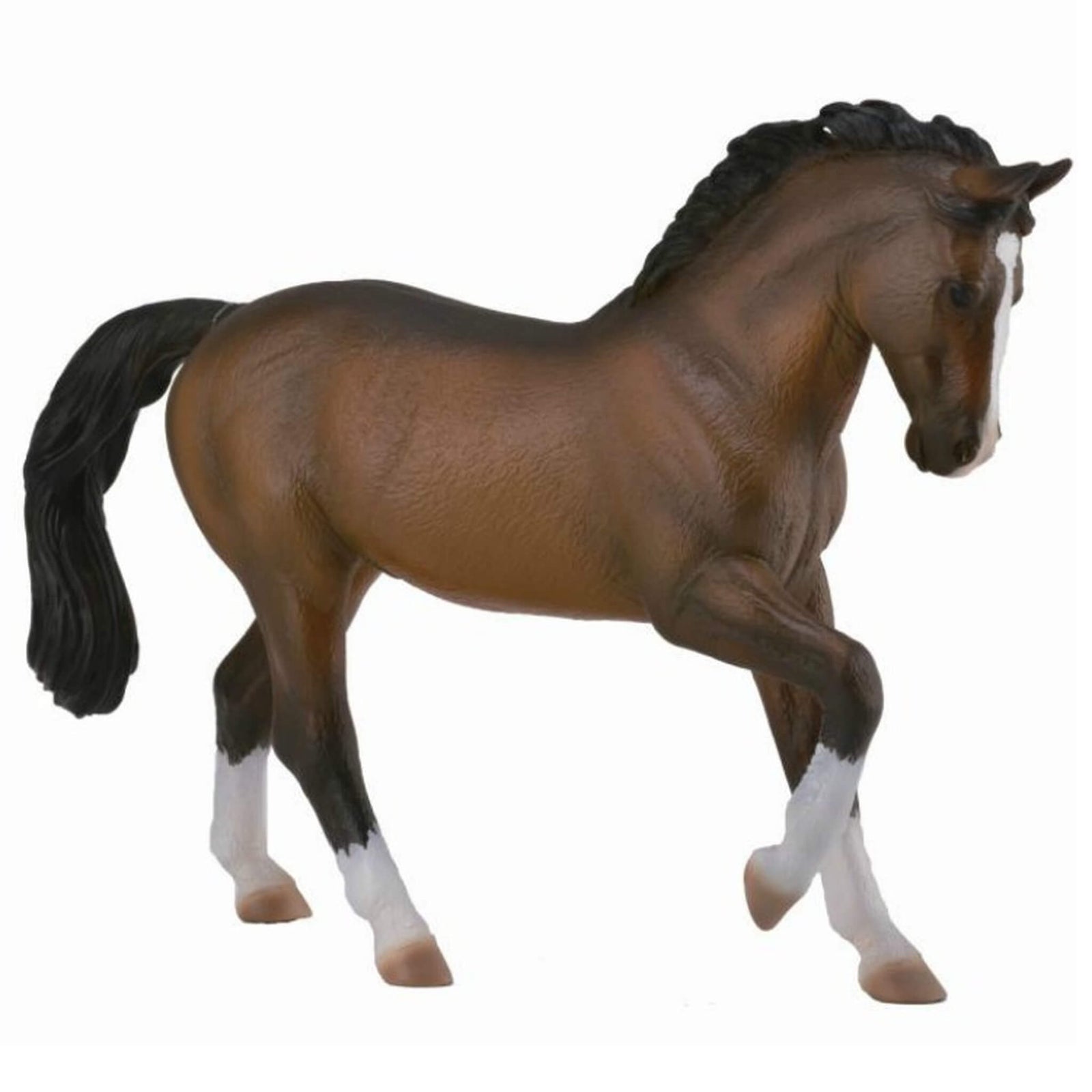 A Collecta Bay Warmblood Stallion figurine, highly detailed and realistic, standing in a dynamic pose with a brown body, black mane and tail, and white hooves.