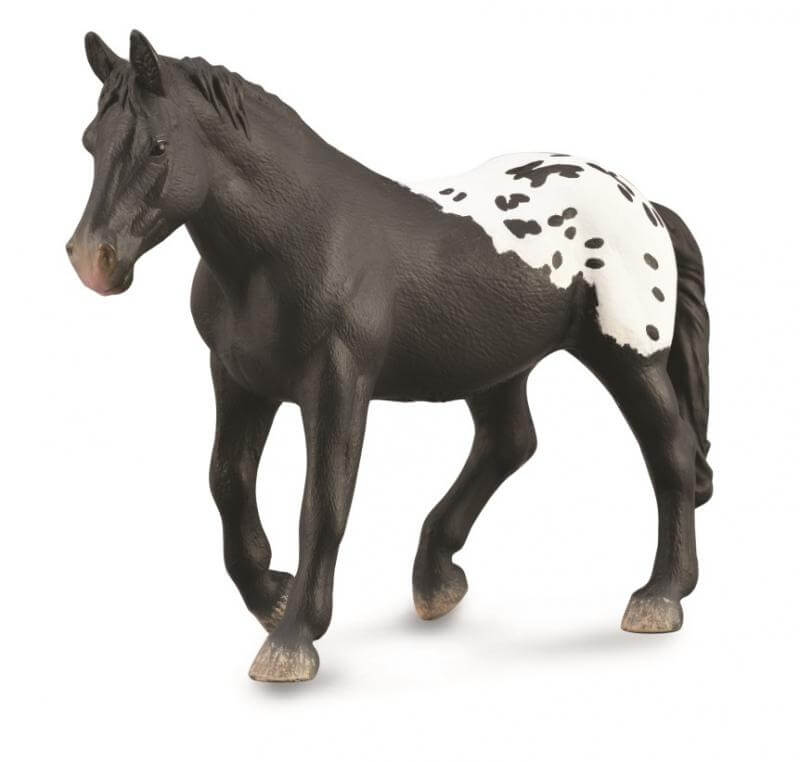 A Collecta Sugarbush Draft Mare figurine, hand-painted with a predominantly black coat and a white spotted rump and tail.