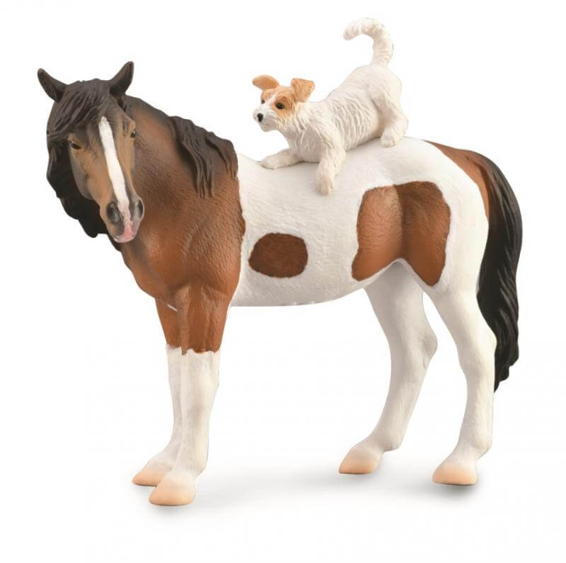 Collecta Mare & Terrier. A hand-painted Collecta figurine set featuring a brown and white horse with a small white dog with brown spots sitting on its back.