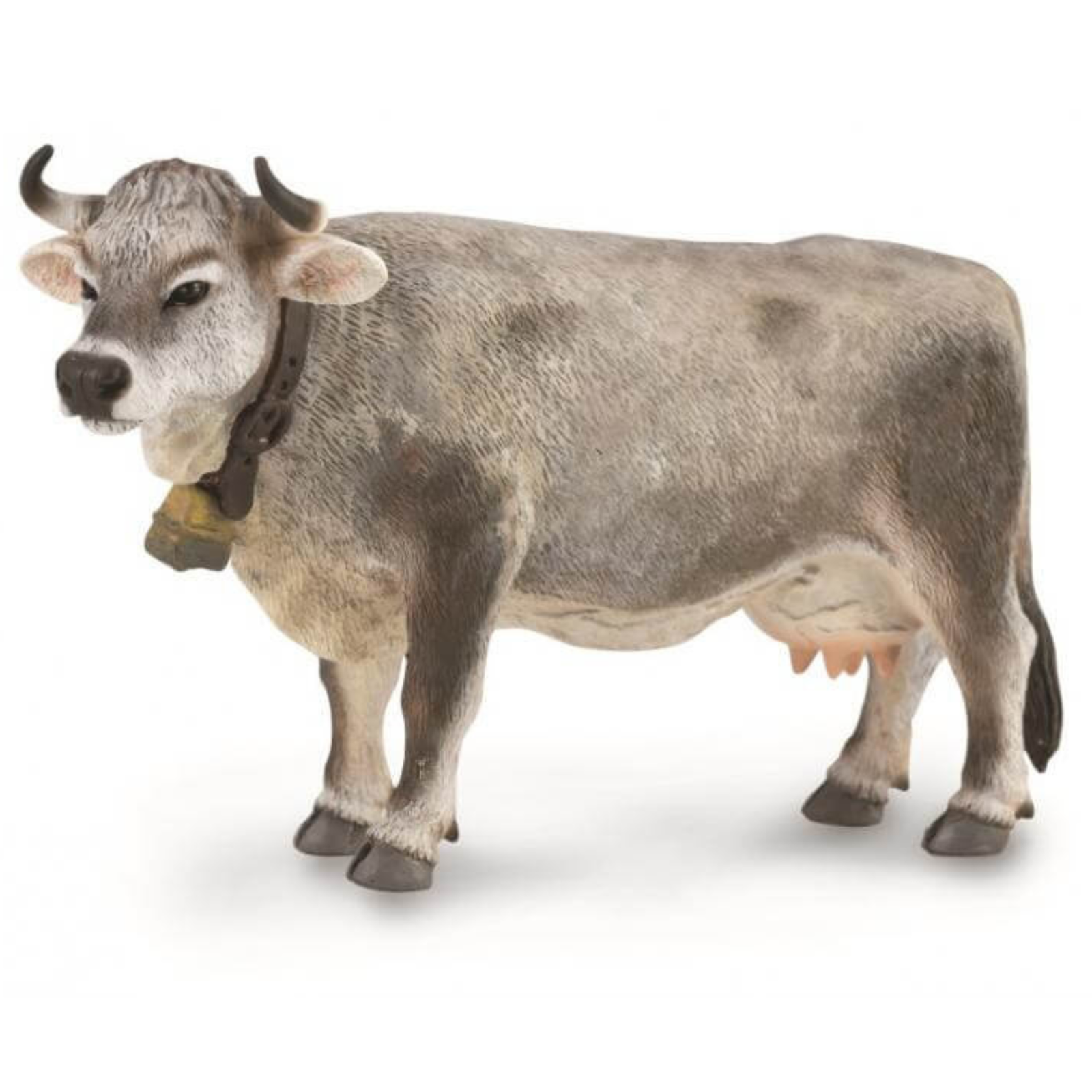 Collecta Tyrolean Grey Cow. Model of a cow with a bell on a white background