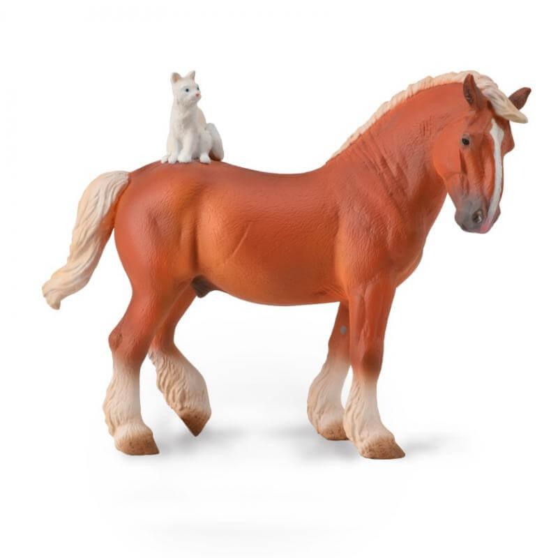 Collecta Draft Horse with Cat. A figurine of a brown draft horse with a small white cat sitting on its back.