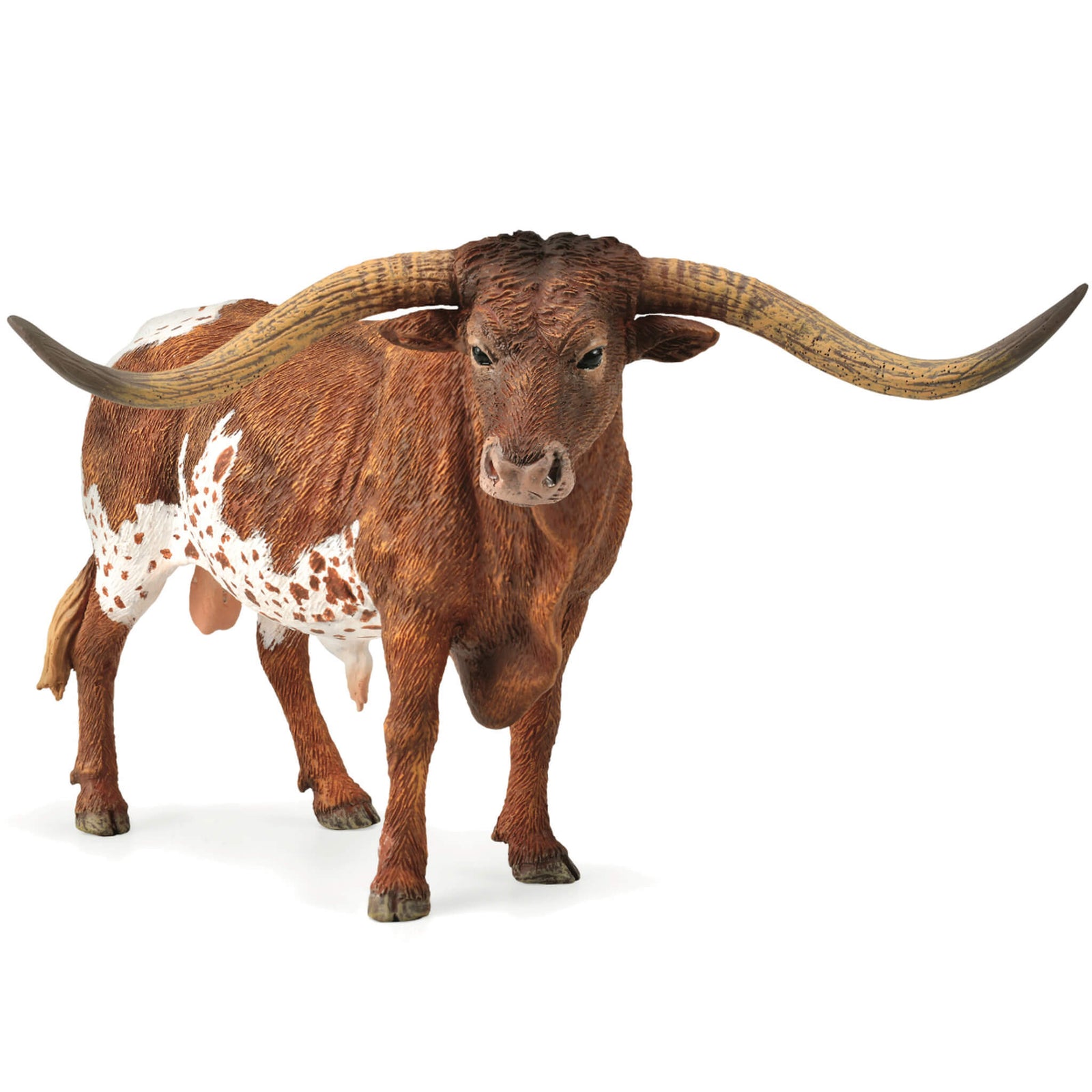 Collecta Texas Longhorn Bull. A toy figure of a Texas Longhorn bull with long horns, primarily brown with white on the lower half.