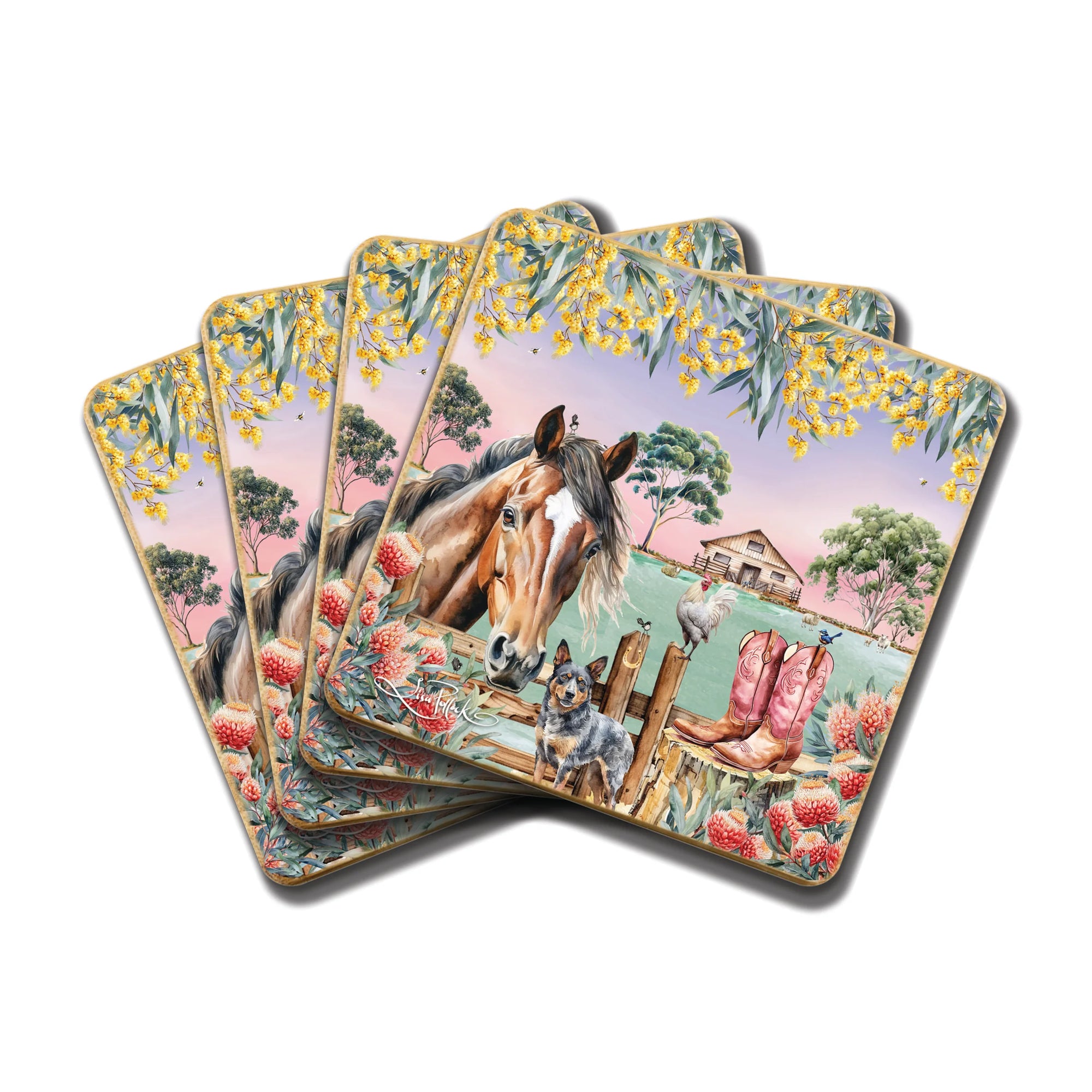 Lisa Pollock Country Dusk Coaster Set. Set of six coasters with a horse, dog, and boots design on a white background