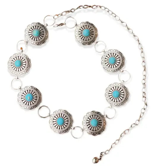 Shea Baby Circle Concho Western Belt. An adorable Toddler/Kids concho belt with silver conchos featuring blue centers, and a silver chain tail.