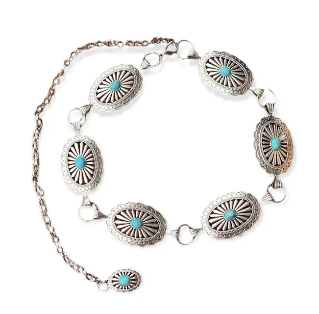 Shea Baby Girl's Large Oval Concho Western Belt. An oval concho belt with blue and silver colors, featuring a chain tail.