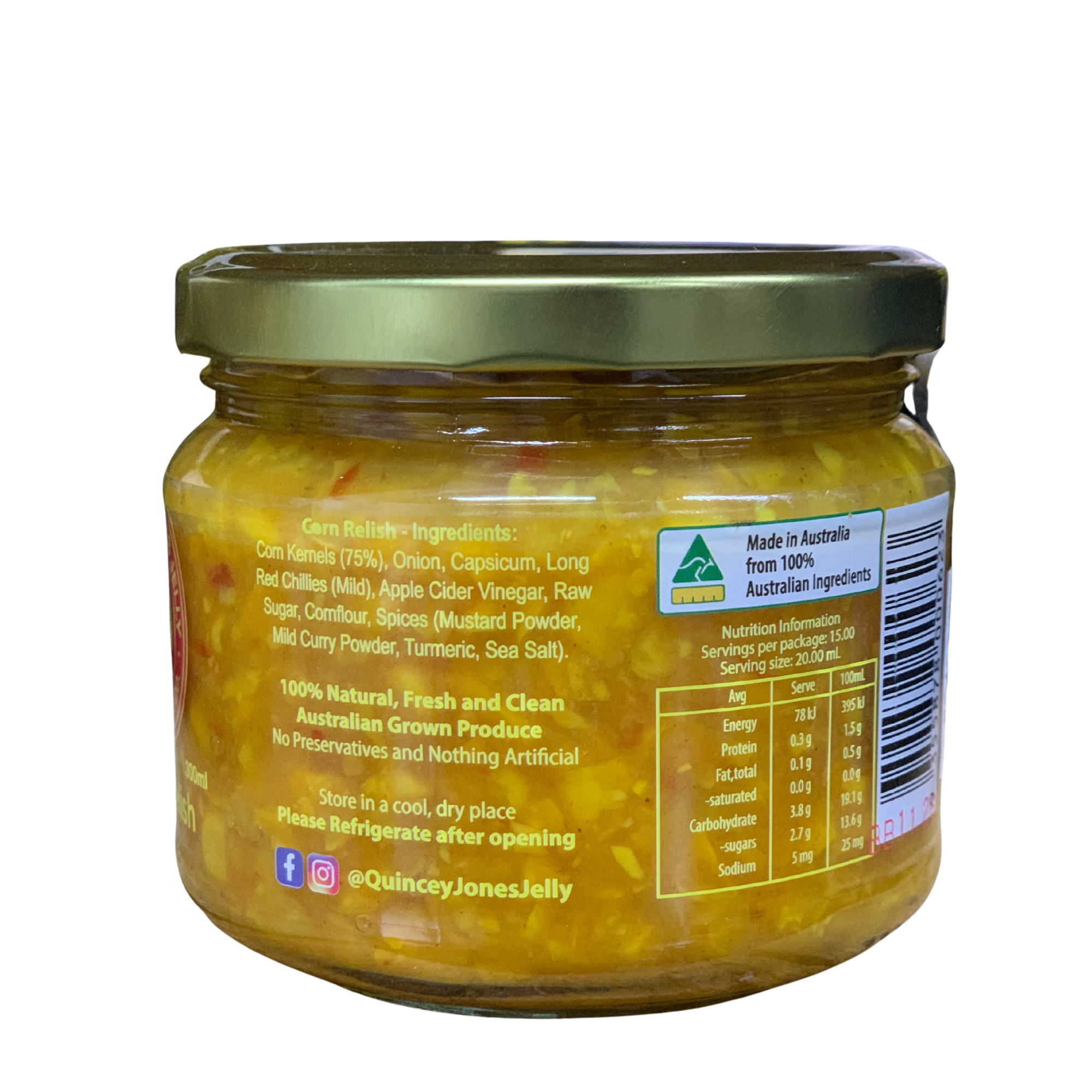 Quincey Jones 300ml Corn Relish. Jar of yellow jelly with a gold lid on a white background