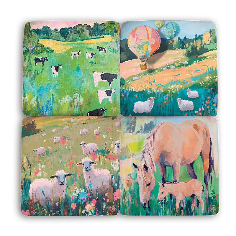 DWBH &#39;Farm&#39; Resin Coasters - set of 4. Set of four ceramic coasters with pastoral scene designs featuring animals and a hot air balloon.