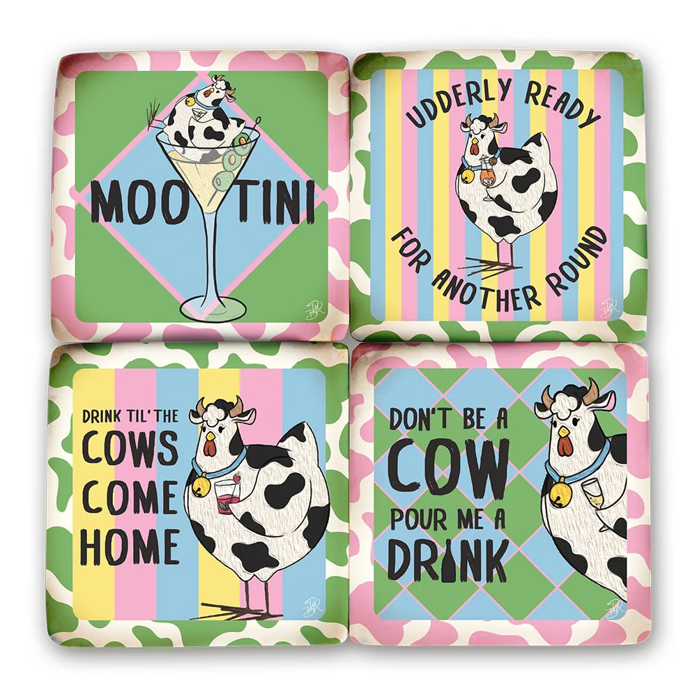 Set of four colorful coasters with cow illustrations and humorous sayings on a white background.