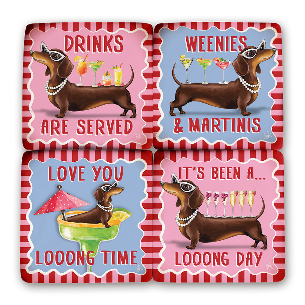 Set of four coasters with dachshund illustrations and humorous text on a red and white striped background.