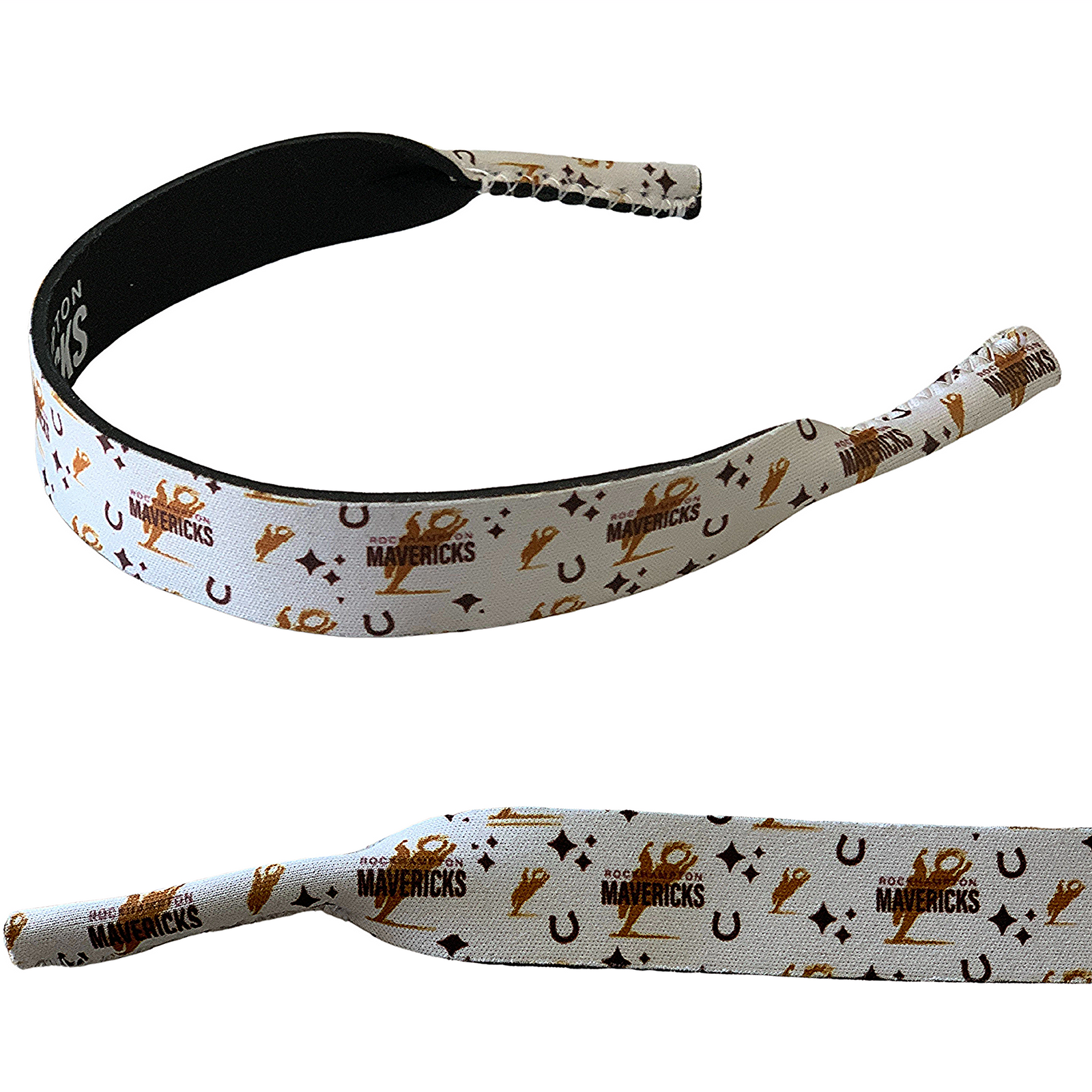 Rocky Mavericks Cosmic RM Sunglasses Strap. A neoprene sunglasses strap with a pattern that includes the text 'Mavericks' and animal motifs, primarily in white, beige, and black colors.