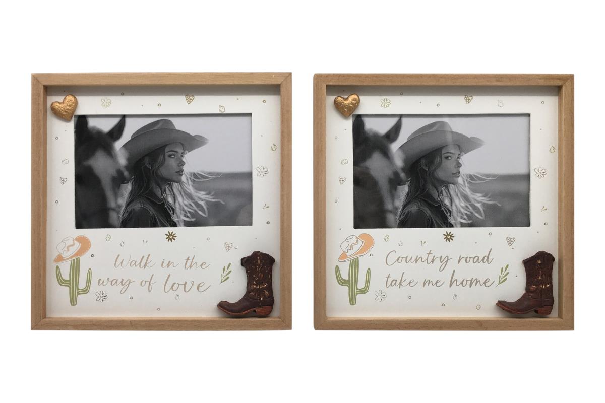 Two wooden picture frames with cowboy-themed decorations and text.