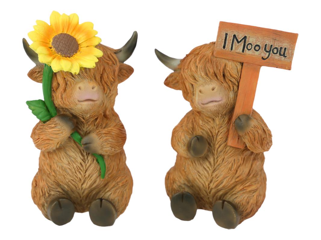 Malmar Highland Cow with Sunflowers & Sign Assorted*. Two decorative figurines of Highland cows with a sunflower and 'I Moo you' sign on a white background.