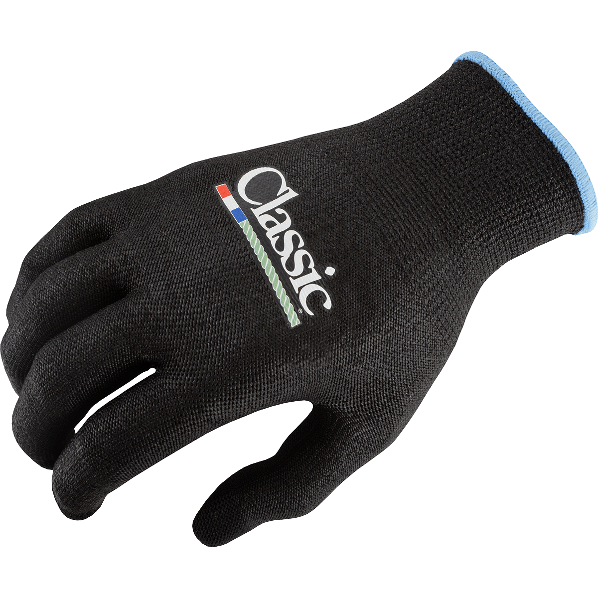 Classic High Performance Children's Roping Glove. A black children's roping glove with the 'Classic' brand logo on the back, featuring a blue trim on the wrist and white branding details.