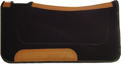 Diamond Wool 1/2" Contour Ranch Pad. A black and brown contoured ranch saddle pad with a cotton canvas top and distressed leathers.