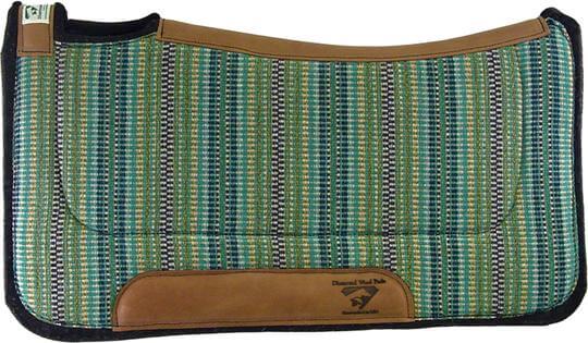 Diamond Wool 1/2" Contour Ranch Pad. Green and brown striped saddle pad with a brand logo on a white background