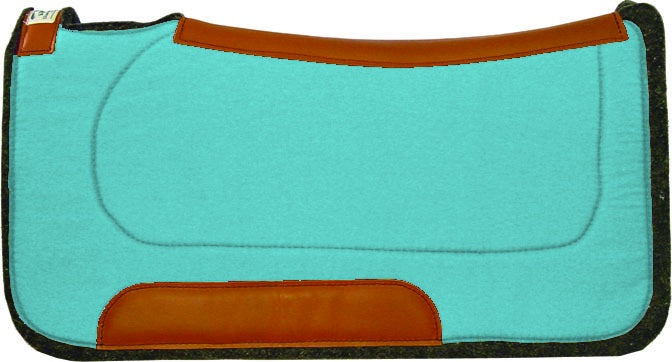 Diamond Wool 1/2" Contour Ranch Pad. Turquoise saddle pad with brown accents on a plain background