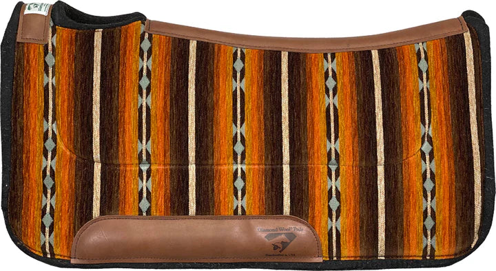 Diamond Wool 1/2" Contour Ranch Pad. Saddle pad with striped pattern and brown leather corners