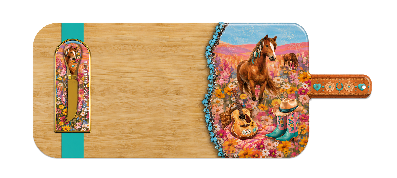 A rectangular wooden serving board or cutting board with rounded corners, featuring a light natural wood finish and decorative western-themed artwork. The right side shows a colorful illustration of a horse in a flower field with a guitar, boots, and a hat, bordered by blue beads.