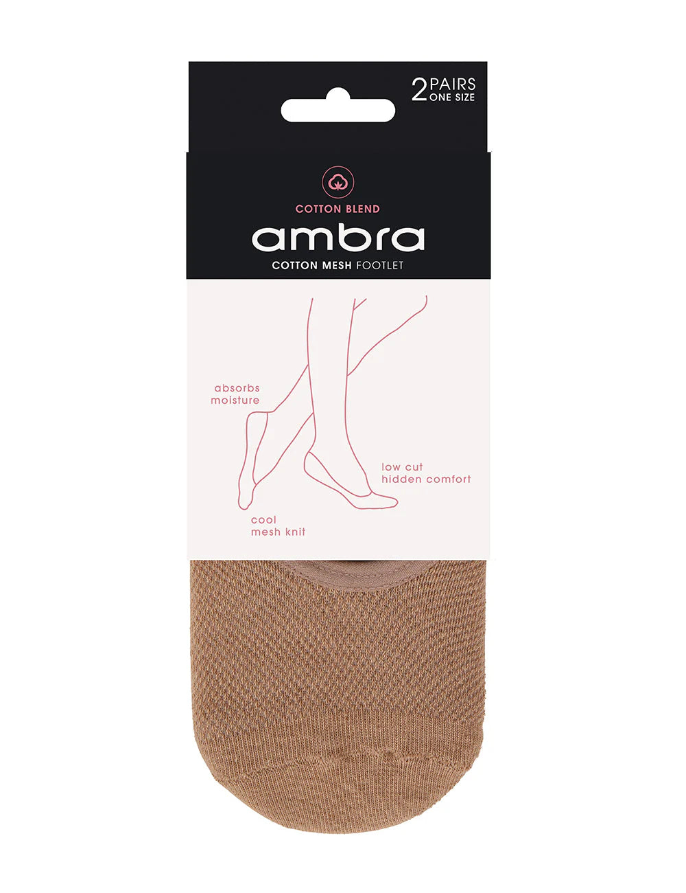 Packaging of ambra socks with a beige sock displayed below on a white background