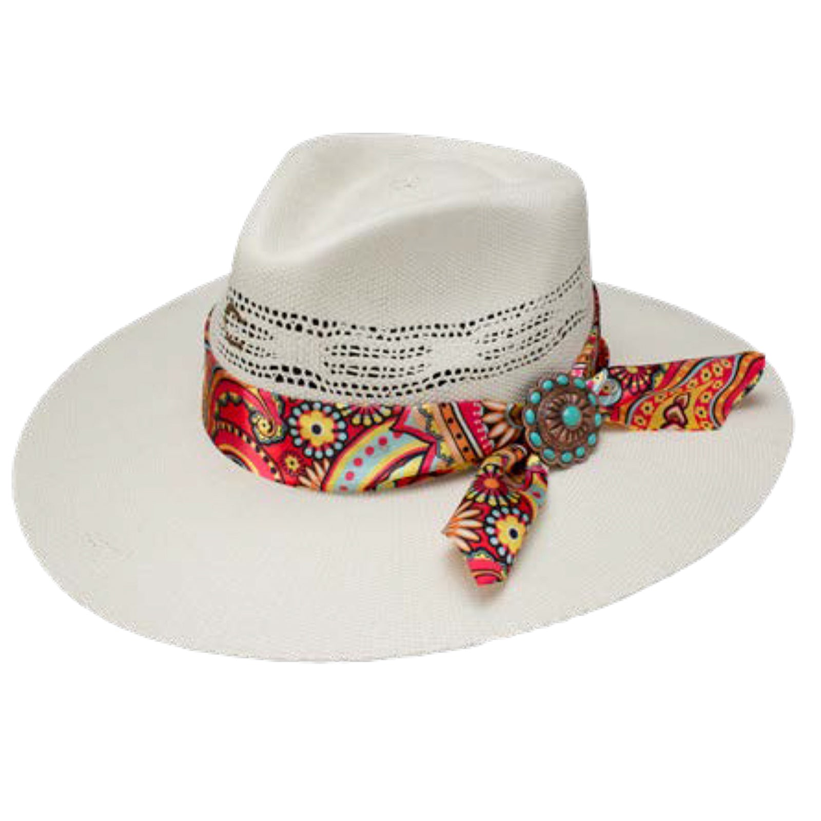 Charlie 1 Horse Chisos Natural Straw Cowboy Hat. A women's Charlie 1 Horse Chisos Natural Straw Cowboy Hat with a colorful band and eyelet detailing.