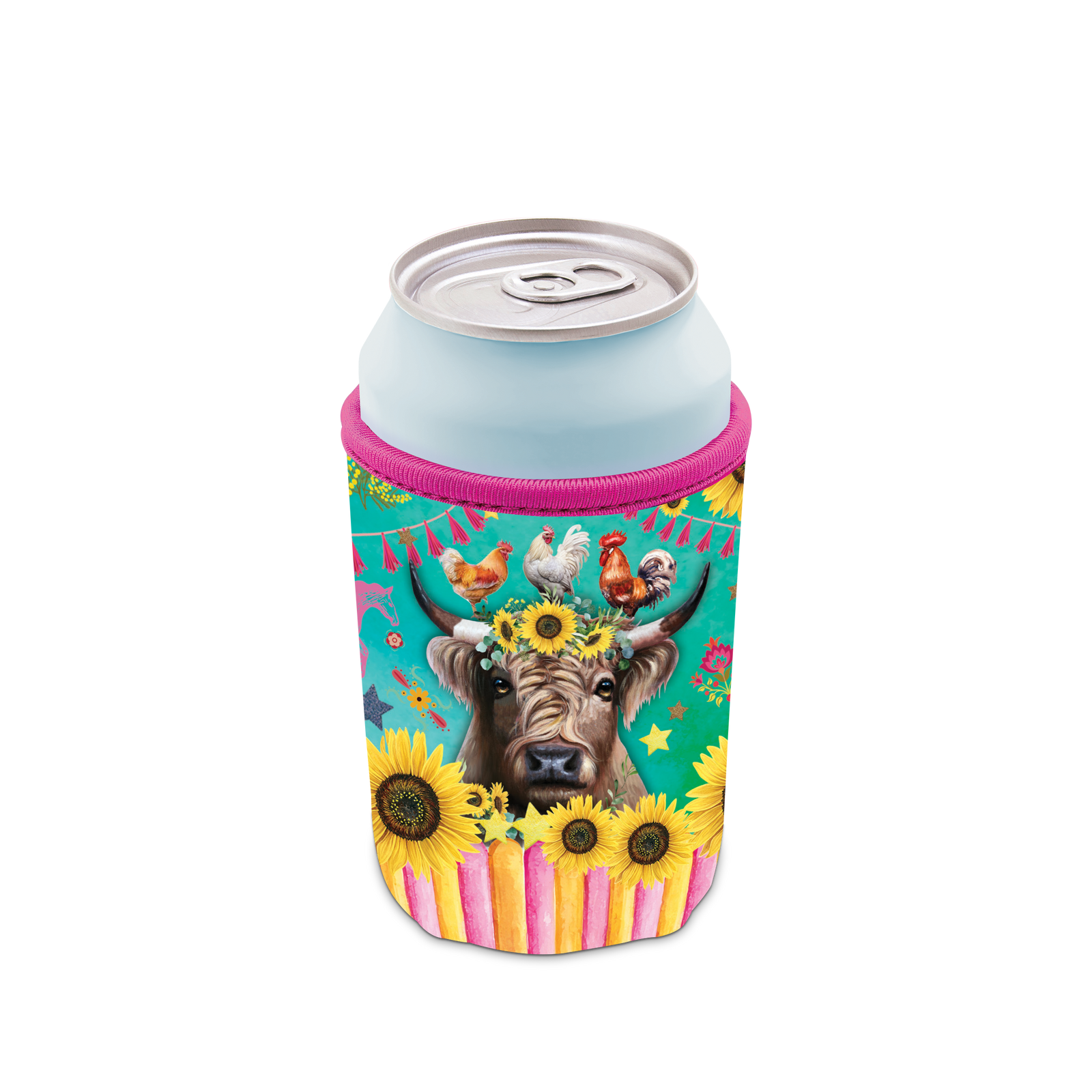 Lisa Pollock Carnival Cow Can Cooler. Can cooler with cow and chicken design on a white background