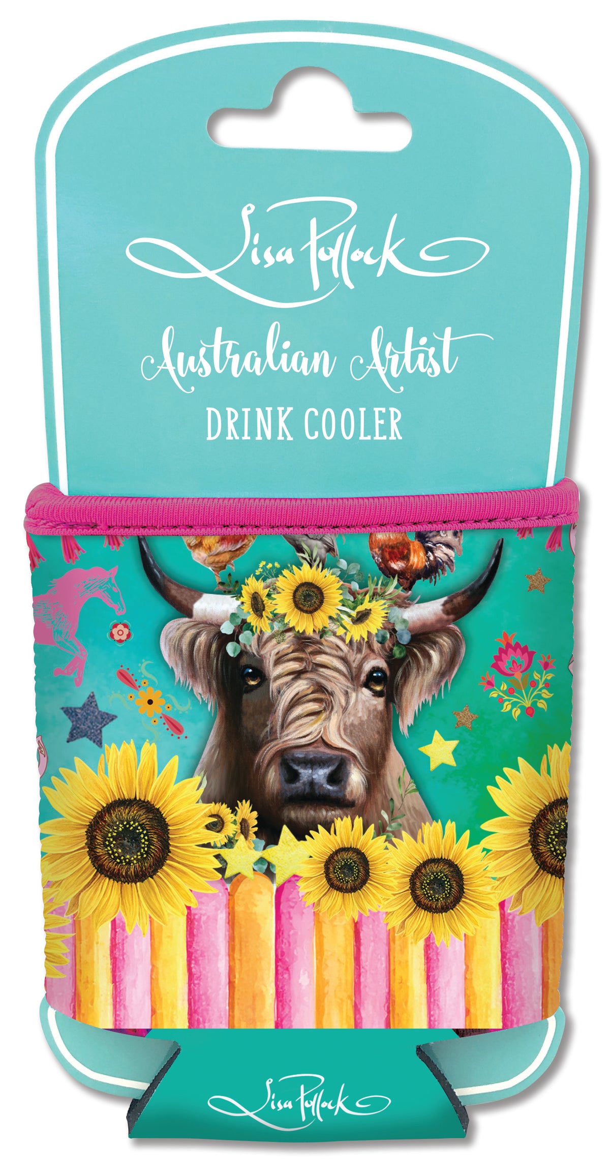 Lisa Pollock Carnival Cow Can Cooler. Drink cooler with cow and sunflower design on a green background