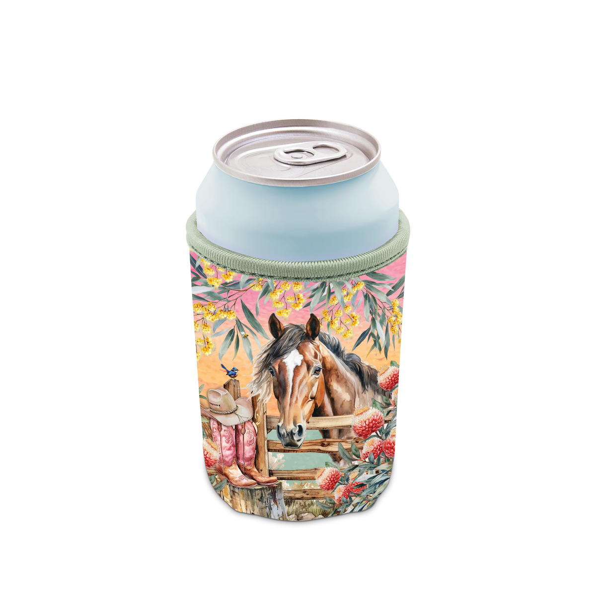 Lisa Pollock Country Dusk Can Cooler. Can cooler with horse design on a white background