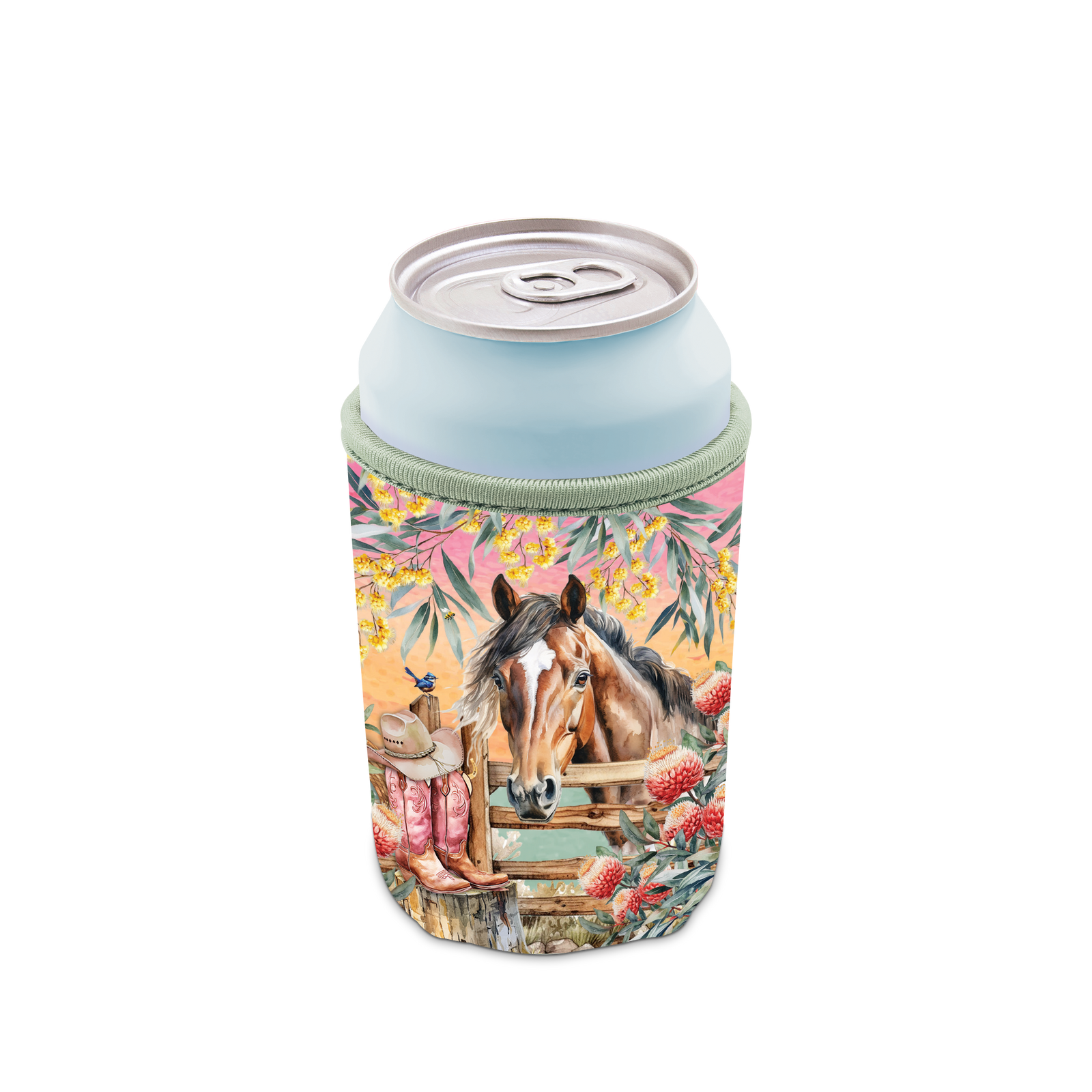Lisa Pollock Country Dusk Can Cooler. Can cooler with horse design on a white background