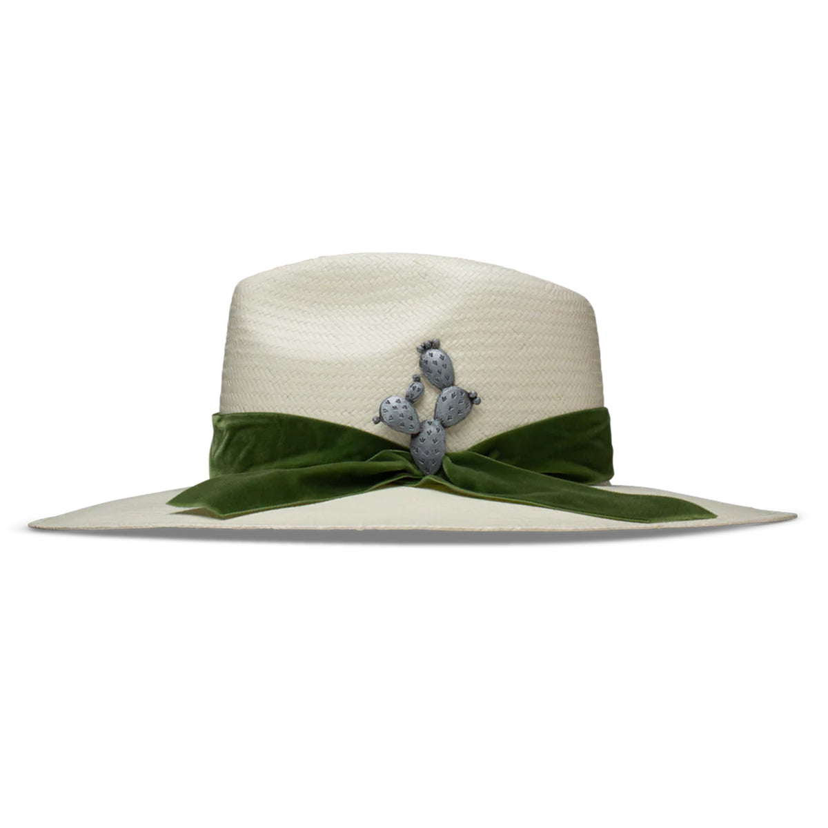 Charlie 1 Horse Hard To Handle Straw Cowboy Hat. A beige cowboy hat with an olive-green velvet ribbon and a cactus concho pin, featuring the 'Charlie 1 Horse' brand logo on the crown.