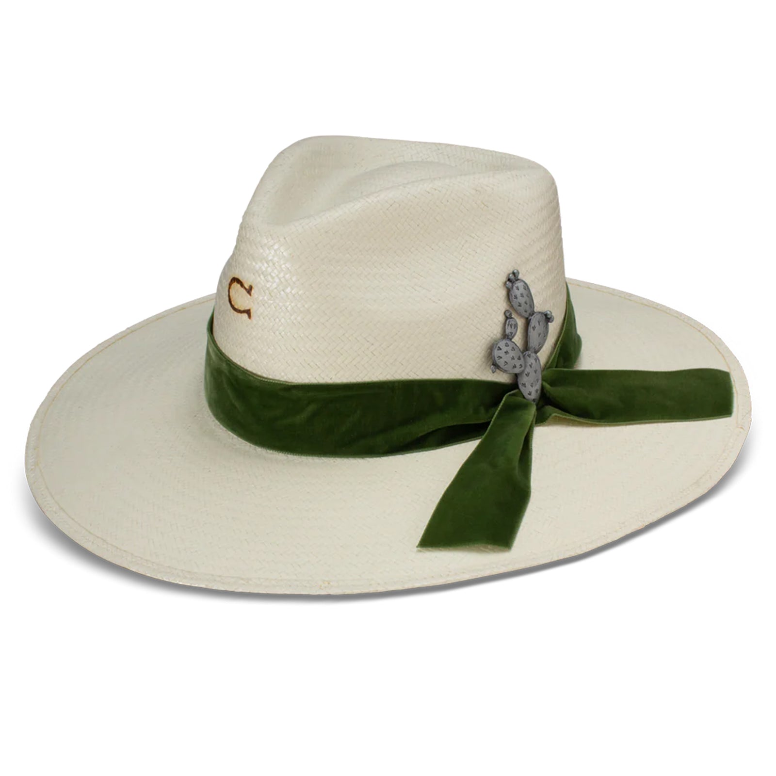 Charlie 1 Horse Hard To Handle Straw Cowboy Hat. A beige cowboy hat with an olive-green velvet ribbon and a cactus concho pin, featuring the 'Charlie 1 Horse' brand logo on the crown.