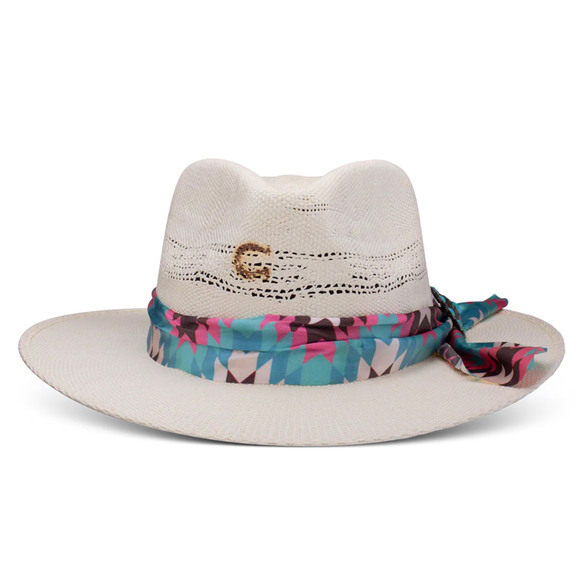 Charlie 1 Horse Hissy Fit Straw Cowboy Hat. A woman's beige straw cowboy hat with a multicolored fabric hatband featuring a floral pattern and a silver concho with turquoise detail.
