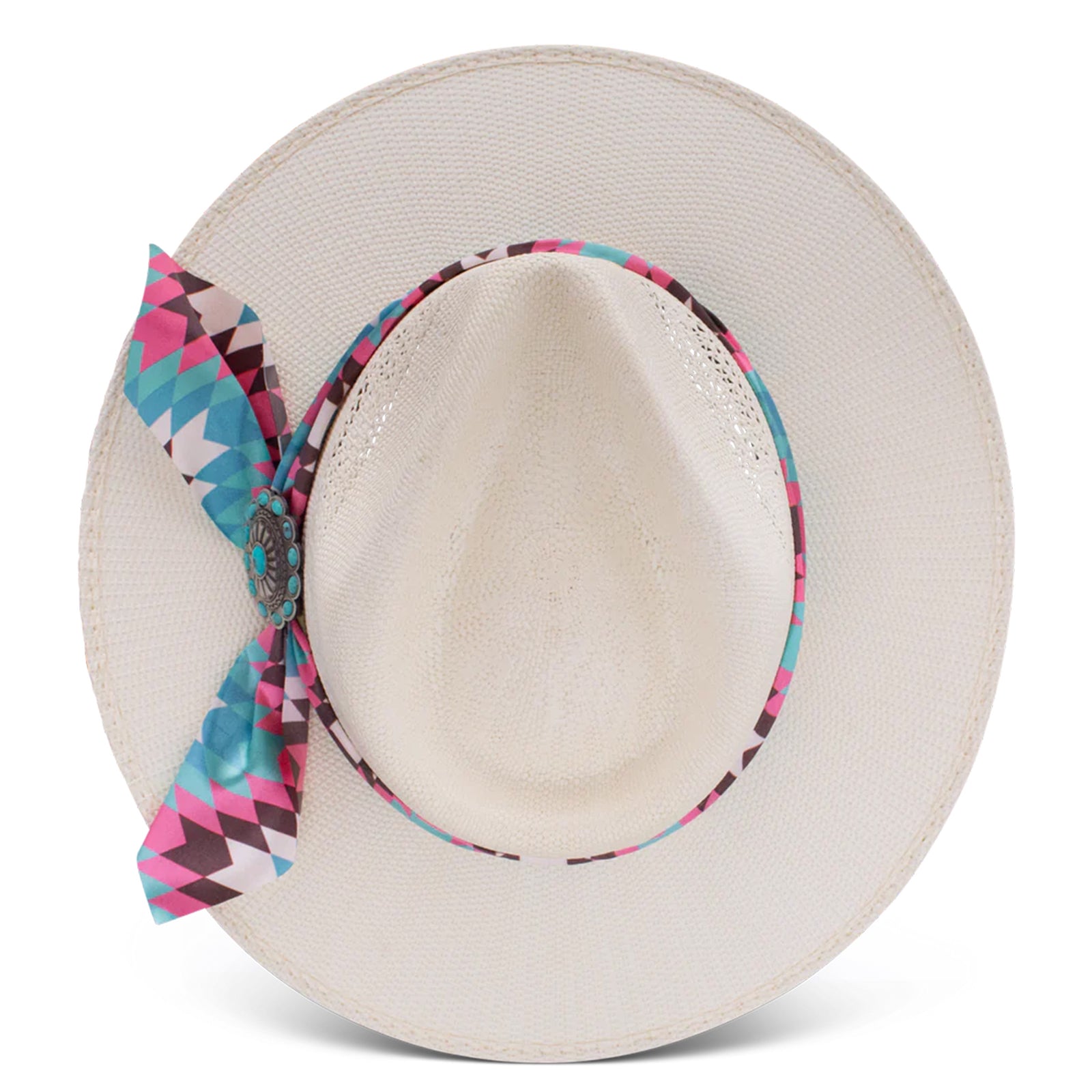Charlie 1 Horse Hissy Fit Straw Cowboy Hat. A woman's beige straw cowboy hat with a multicolored fabric hatband featuring a floral pattern and a silver concho with turquoise detail.