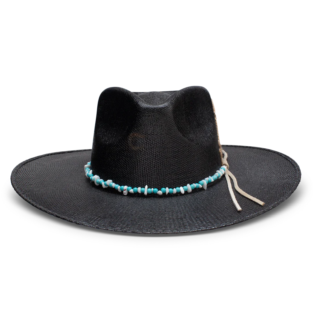 Charlie 1 Horse Midnight Toker Straw Cowboy Hat.Black straw hat with decorative elements on a white background. 