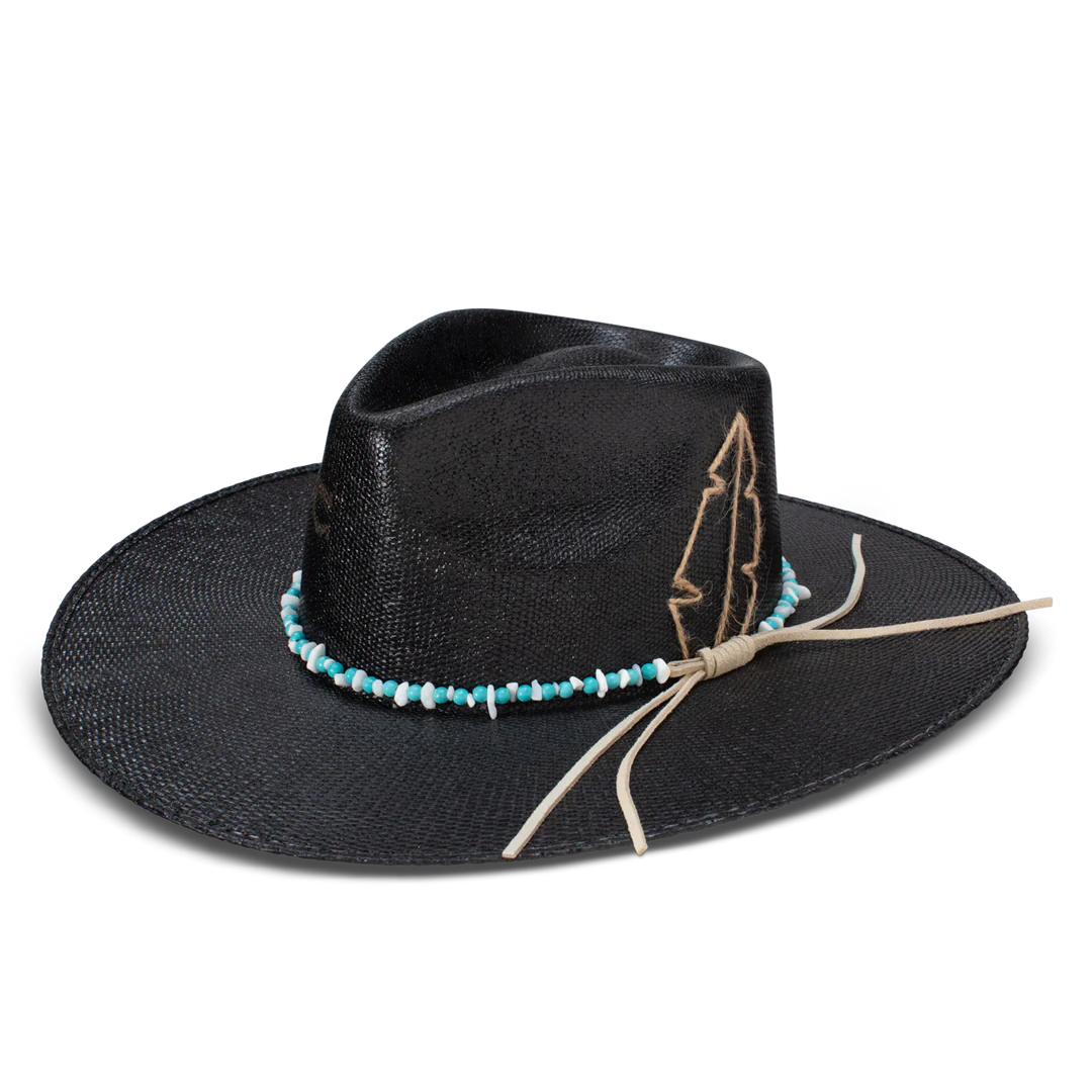 Charlie 1 Horse Midnight Toker Straw Cowboy Hat.Black straw hat with decorative elements on a white background