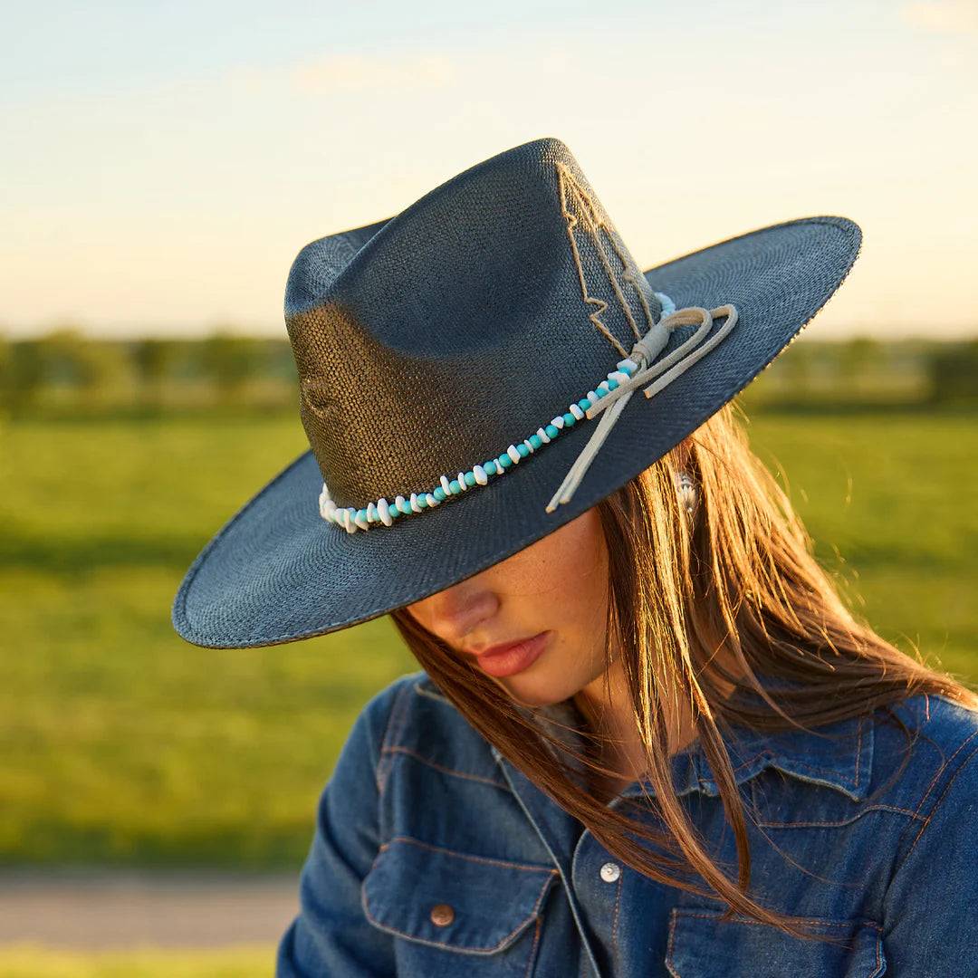 Charlie 1 Horse Midnight Toker Straw Cowboy Hat.Black straw hat with decorative elements on a white background