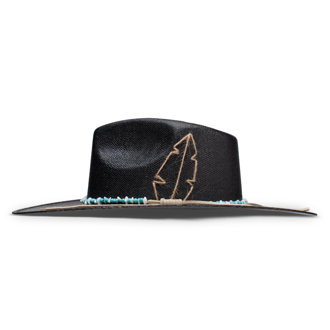 Charlie 1 Horse Midnight Toker Straw Cowboy Hat.Black hat with decorative band on a white background