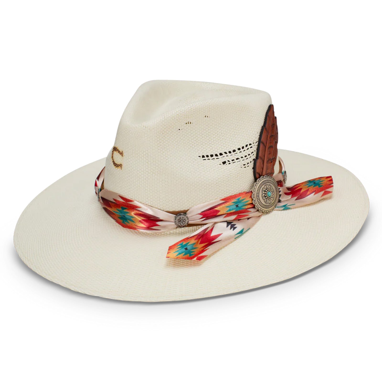 Charlie 1 Horse Navajo Straw Cowboy Hat. A beige Charlie 1 Horse Navajo straw cowboy hat with a colorful fabric hatband and metallic conchos, featuring a 3 3/4 inch brim and a 4 inch pinch-front crown.