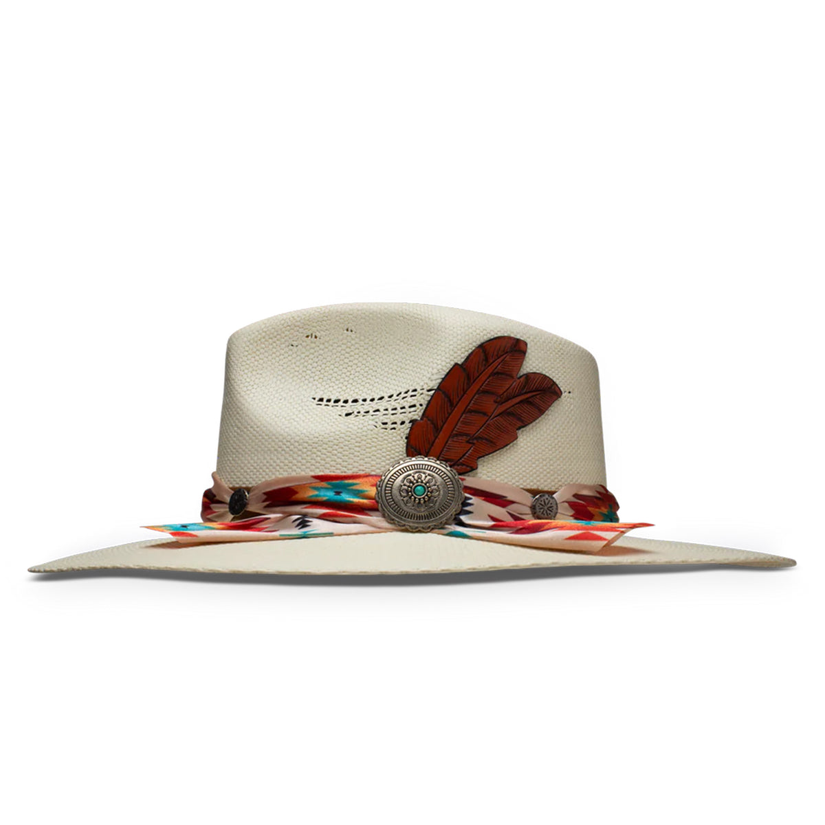 Charlie 1 Horse Navajo Straw Cowboy Hat. A beige Charlie 1 Horse Navajo straw cowboy hat with a colorful fabric hatband and metallic conchos, featuring a 3 3/4 inch brim and a 4 inch pinch-front crown.