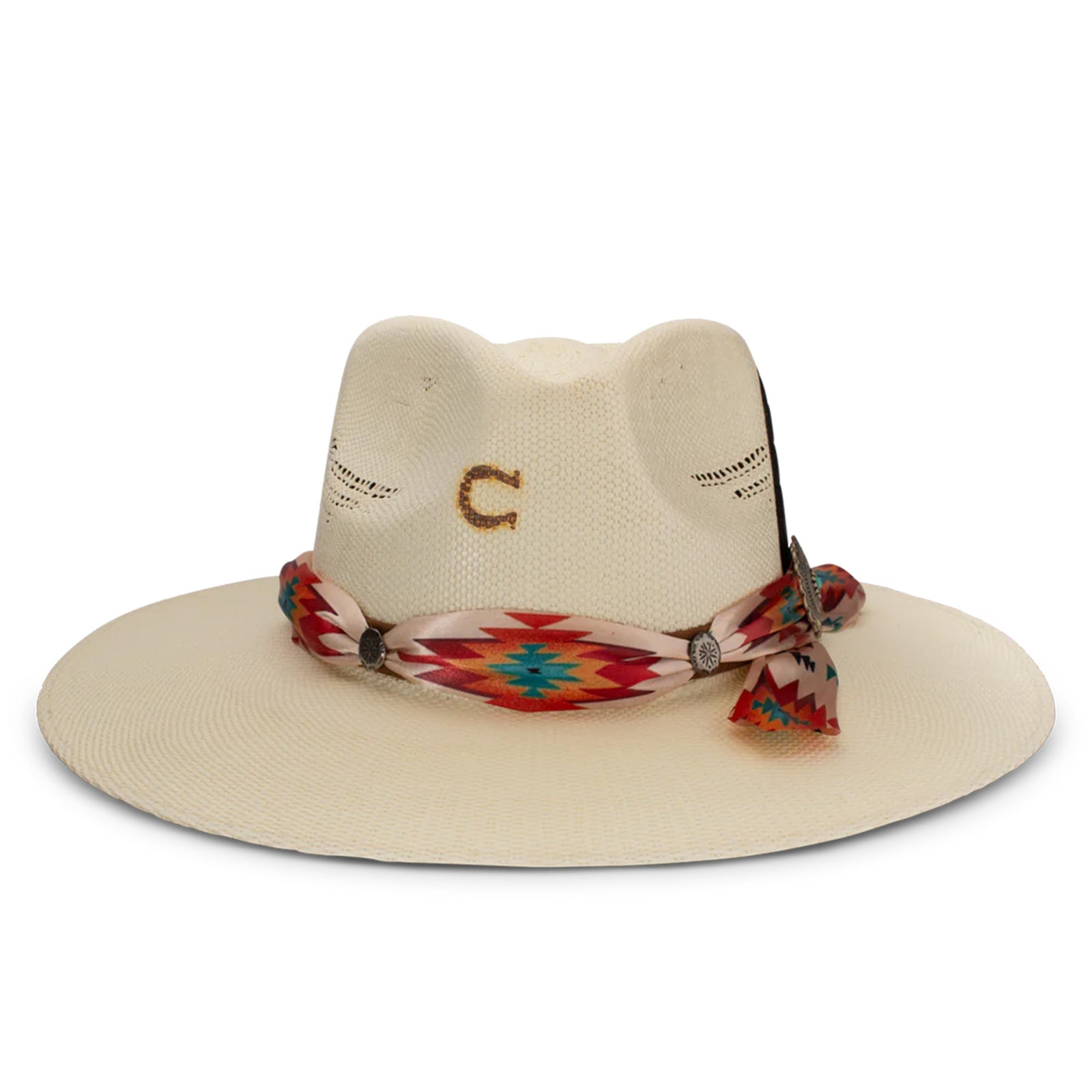 Charlie 1 Horse Navajo Straw Cowboy Hat. A beige Charlie 1 Horse Navajo straw cowboy hat with a colorful fabric hatband and metallic conchos, featuring a 3 3/4 inch brim and a 4 inch pinch-front crown.