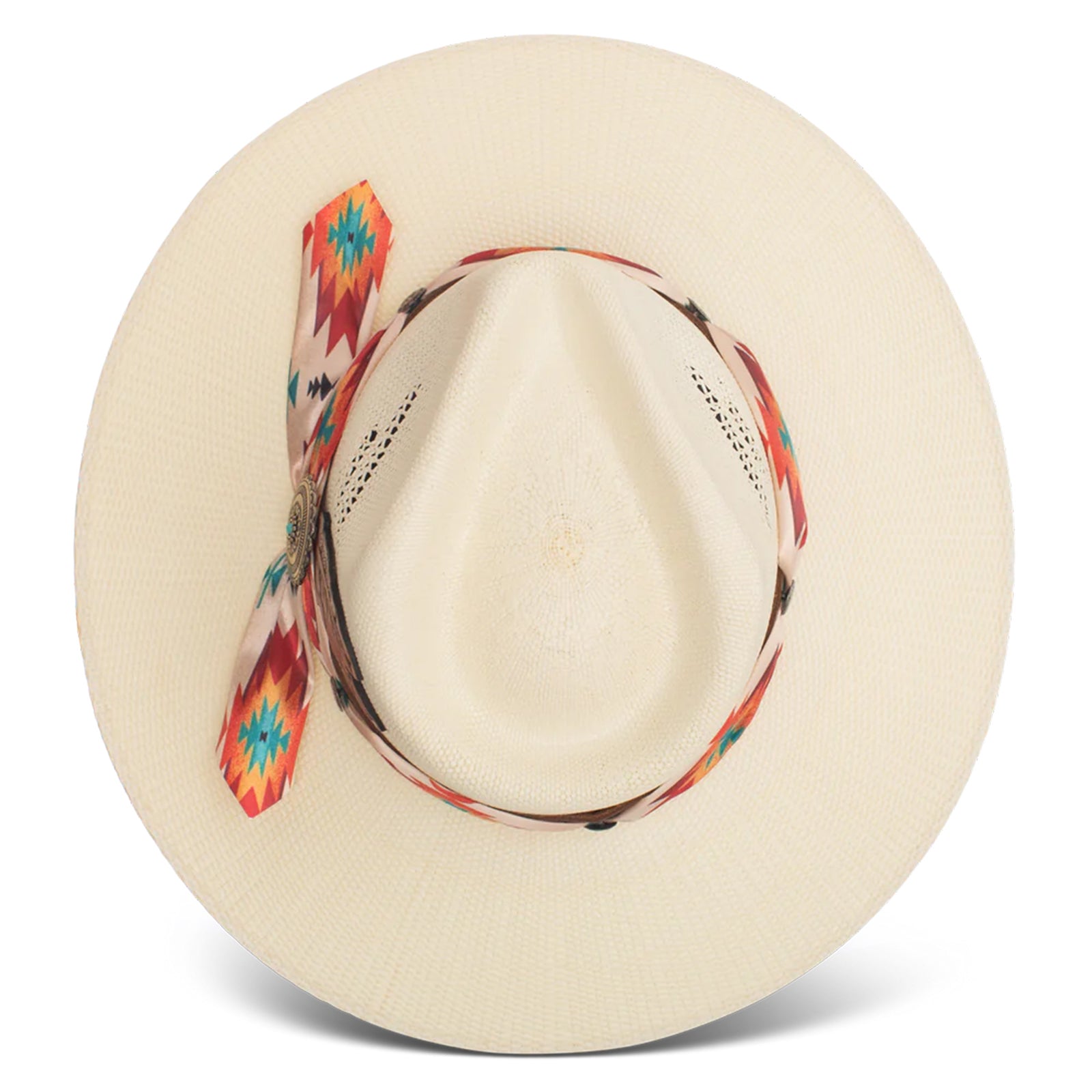 Charlie 1 Horse Navajo Straw Cowboy Hat. A beige Charlie 1 Horse Navajo straw cowboy hat with a colorful fabric hatband and metallic conchos, featuring a 3 3/4 inch brim and a 4 inch pinch-front crown.