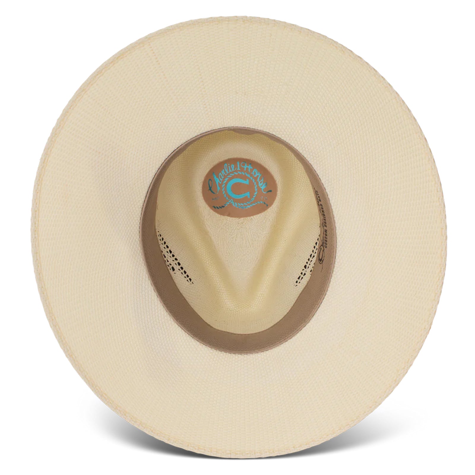 Charlie 1 Horse Navajo Straw Cowboy Hat. A beige Charlie 1 Horse Navajo straw cowboy hat with a colorful fabric hatband and metallic conchos, featuring a 3 3/4 inch brim and a 4 inch pinch-front crown.