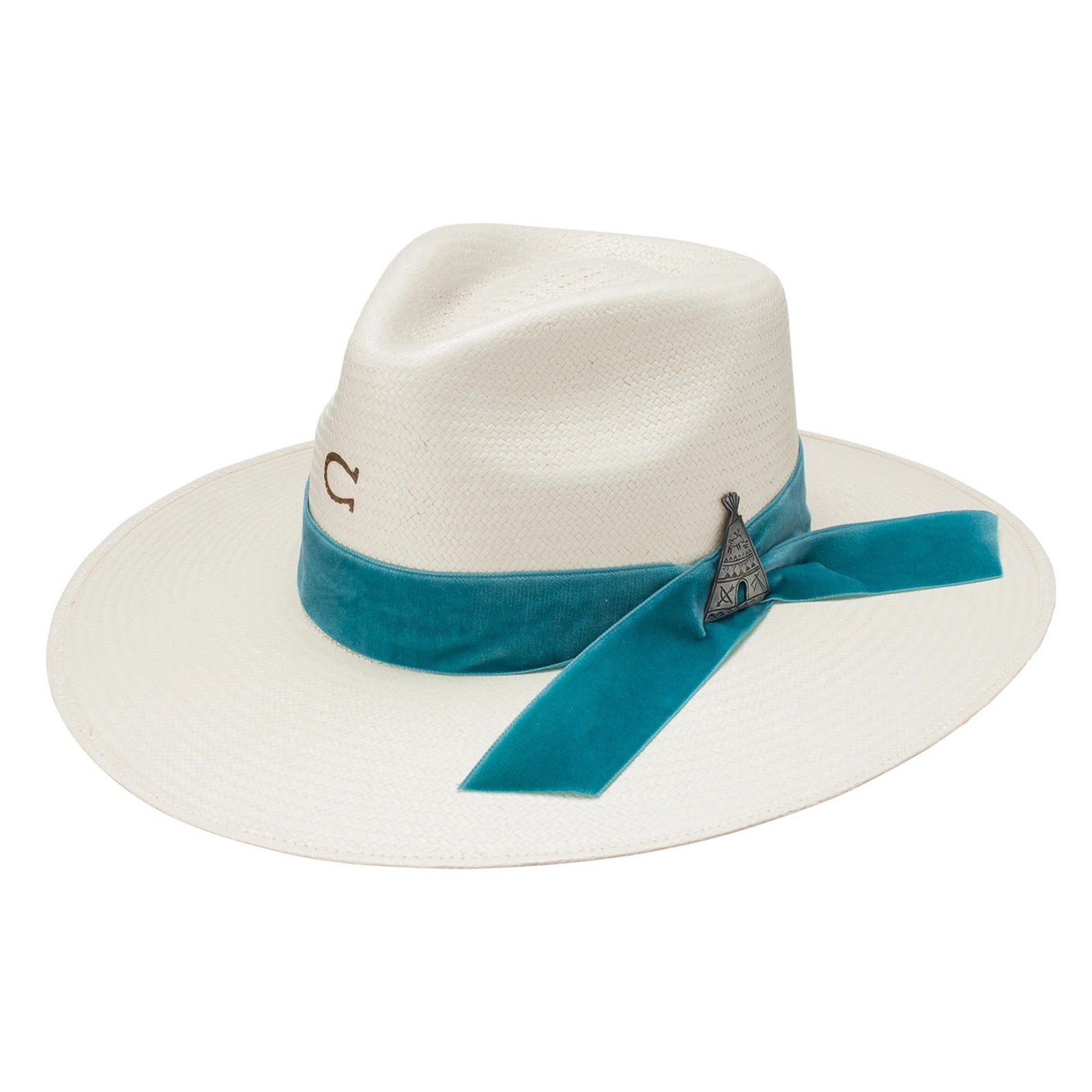 Charlie 1 Horse Old Apache Straw Cowboy Hat. A white Charlie 1 Horse Old Apache straw cowboy hat with a blue ribbon band and a metal pin decoration.