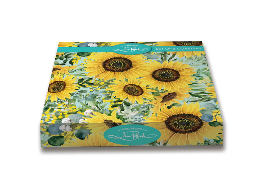 Lisa Pollock Bee Sunny Coaster Set. Packaging of a set of sunflower-themed stationery items with a floral design.