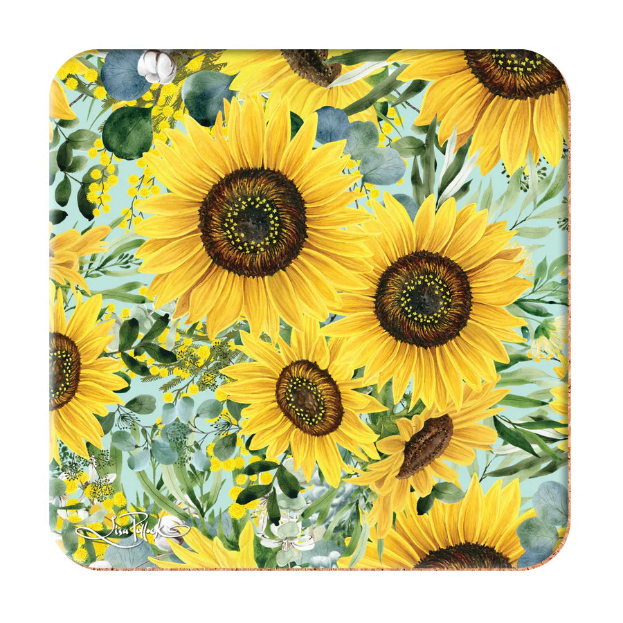 Lisa Pollock Bee Sunny Coaster Set. Placemat with sunflower design on a white background