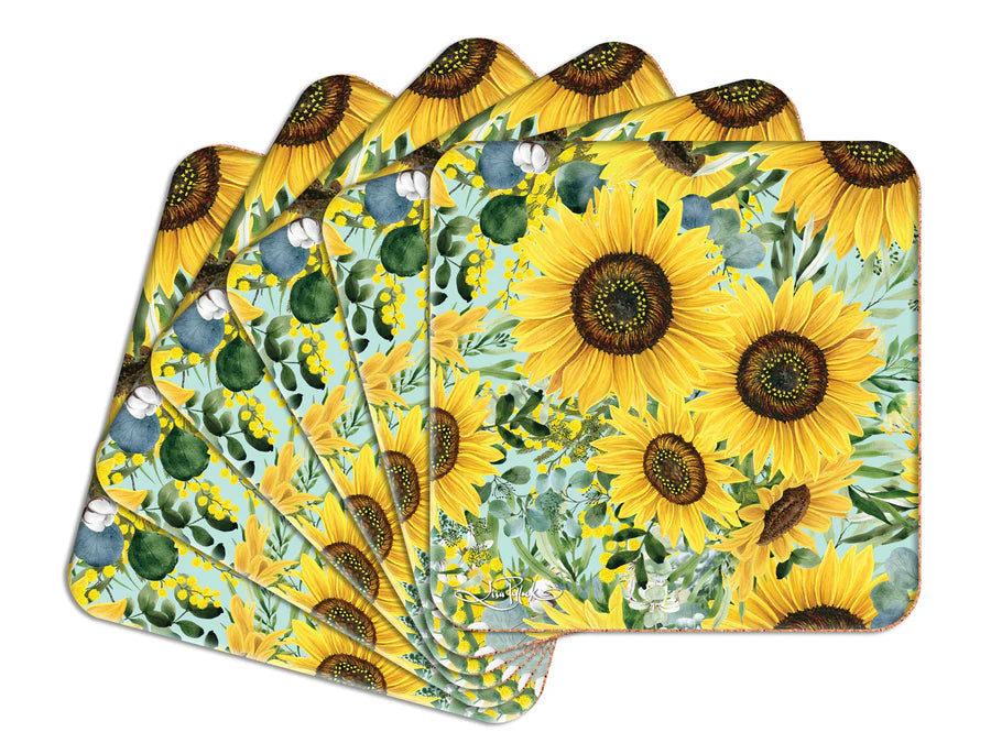 Lisa Pollock Bee Sunny Coaster Set. Set of sunflower-themed placemats on a white background