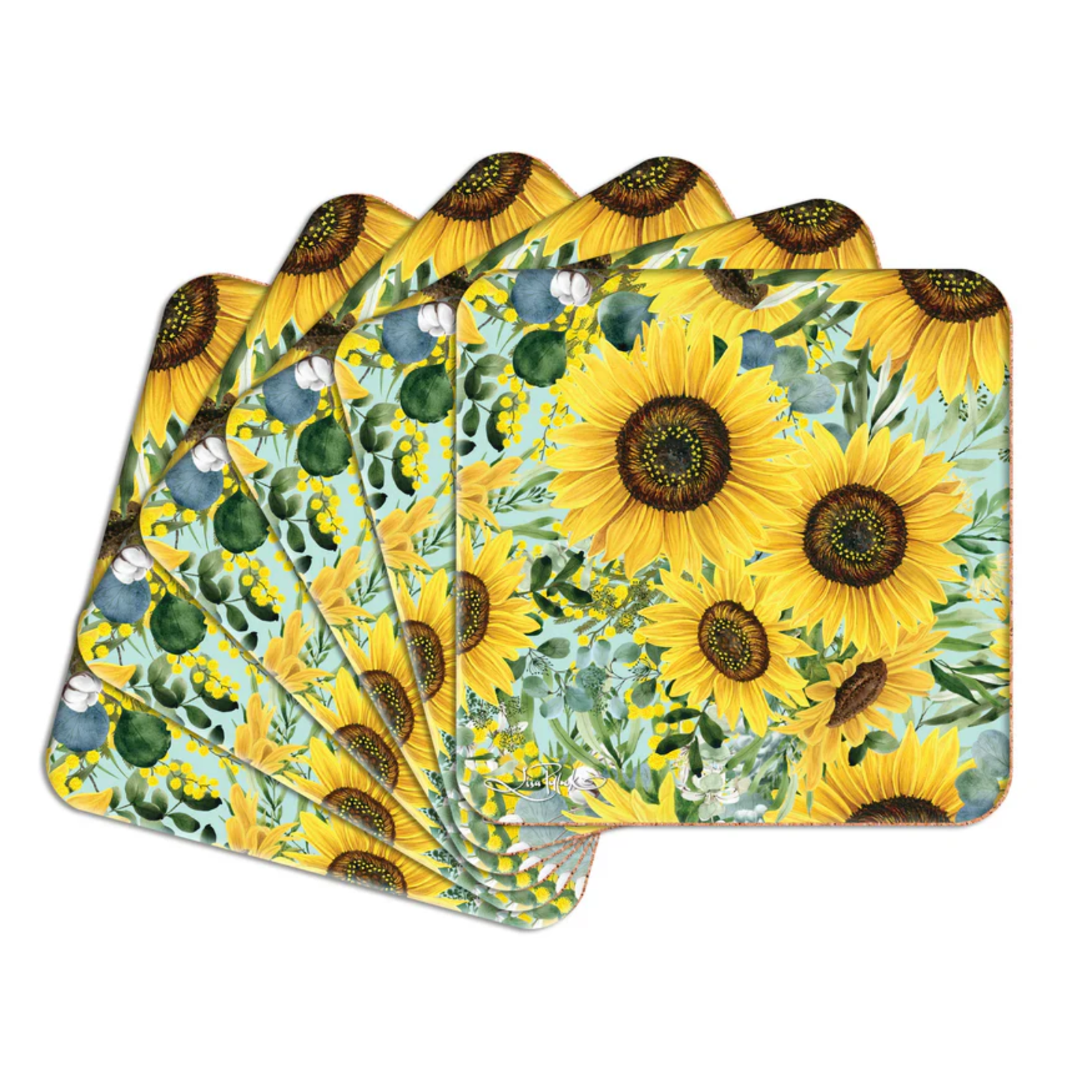 Lisa Pollock Bee Sunny Coaster Set. Set of sunflower-themed placemats on a white background