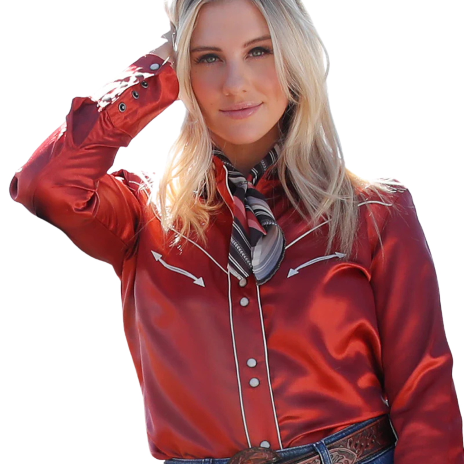 Woman wearing a red satin shirt with white embroidery on a white background