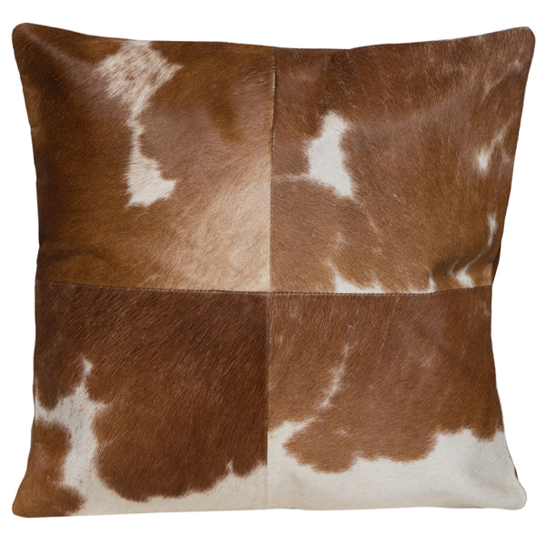 4 Panel Cowhide Cushion. Brown and white cowhide patterned pillow on a white background